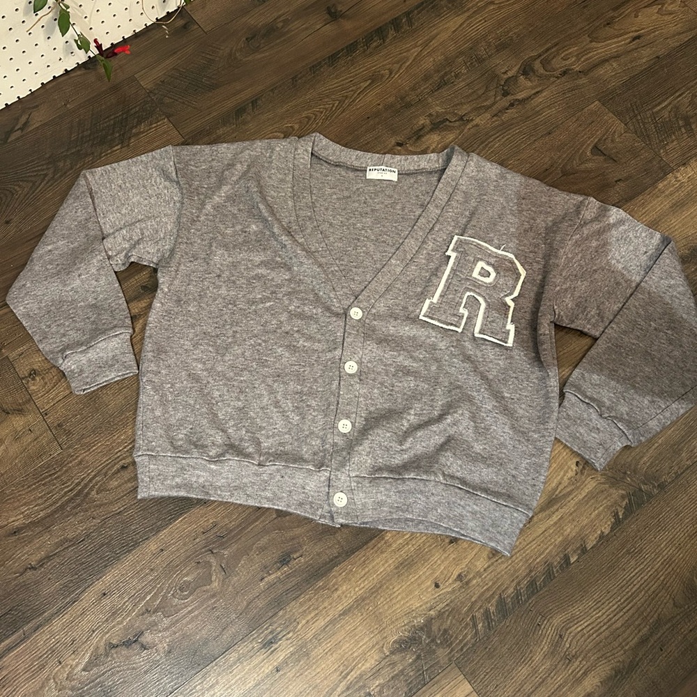 Gray Cardigan Sweater with Letter Patch
